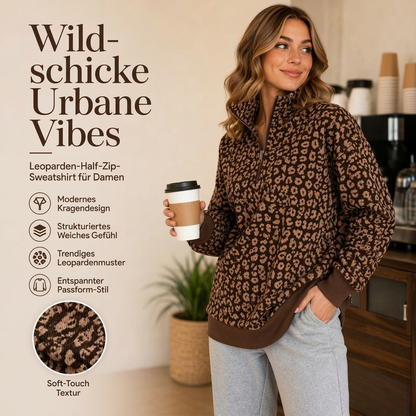 🐆 Damen Sweatshirt mit Leopardenmuster & Viertelreißverschluss – Lässig, bequem & immer passend