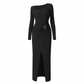 ⏰ Countdown läuft – 50% nur noch 3 Tage! Damen Herbst Winter Einfarbiges Stricktextur Langes Kleid mit Unregelmäßigem Ausschnitt