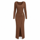 ⏰ Countdown läuft – 50% nur noch 3 Tage! Damen Herbst Winter Einfarbiges Stricktextur Langes Kleid mit Unregelmäßigem Ausschnitt