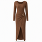 ⏰ Countdown läuft – 50% nur noch 3 Tage! Damen Herbst Winter Einfarbiges Stricktextur Langes Kleid mit Unregelmäßigem Ausschnitt