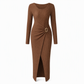 ⏰ Countdown läuft – 50% nur noch 3 Tage! Damen Herbst Winter Einfarbiges Stricktextur Langes Kleid mit Unregelmäßigem Ausschnitt