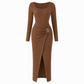 ⏰ Countdown läuft – 50% nur noch 3 Tage! Damen Herbst Winter Einfarbiges Stricktextur Langes Kleid mit Unregelmäßigem Ausschnitt