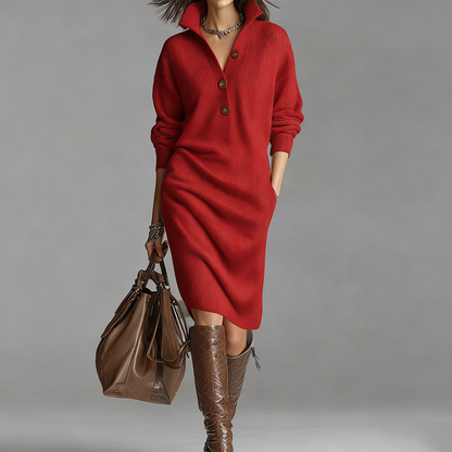Damen geripptes Strickkleid mit Hemdkragen und Knopfleiste