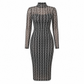 2-Teiler Damen Kleid Set mit langärmligem, meshartigem und kettenbedrucktem Bodycon Midikleid und Unterkleid