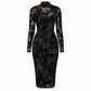 2-Teiler Damen Kleid Set mit langärmligem, meshartigem und kettenbedrucktem Bodycon Midikleid und Unterkleid