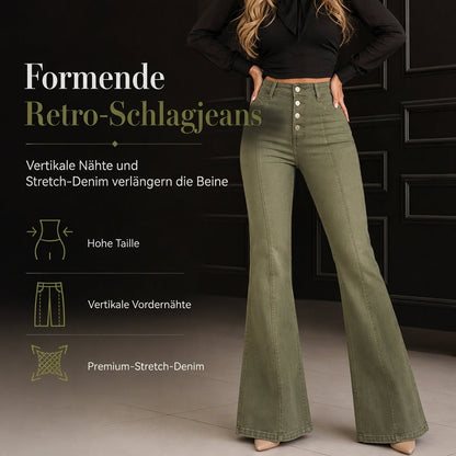 🔥 50 % Rabatt und versandkostenfrei👖 Olivgrüne High-Waist-Schlagjeans für Damen – Knopfleiste & vertikale Frontnähte