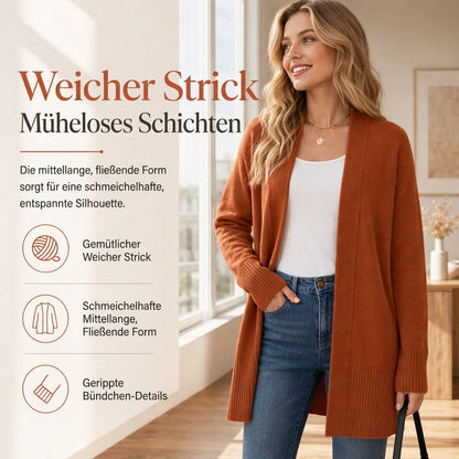 🔥Nr. 1!🔥 Strickjacke für Damen, mittellang, offener Vorderschnitt, mit gerippten Bündchen