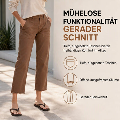 🎁Neu eingetroffen!🎁 Damen lässige Utility-Cropped-Hose mit ausgefranstem Saum und tiefen aufgesetzten Taschen
