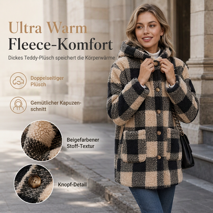 📢🎉50%Rabatt!!!🛍️✨Damen Langärmeliger kariierter Mantel aus Kunstfell mit Kapuze