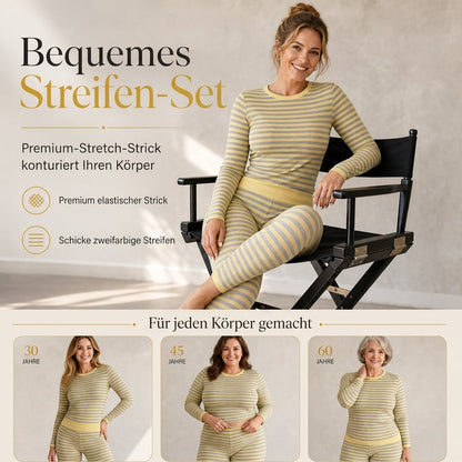 ⏰Beliebt und bald ausverkauft!⏰ Damen Streifen Color Block Rundhals Langarm Oberteil und Hose Slim Fit Freizeit Loungewear Trainingsset