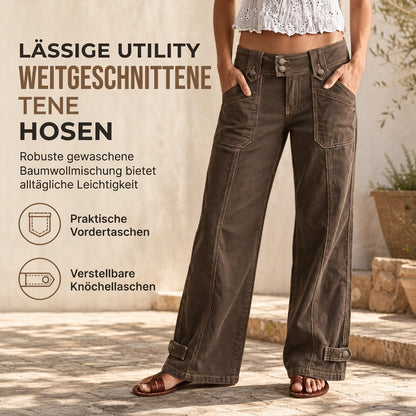 📢Experten empfehlen es!📢 Damen Utility-Hosen mit weitem Bein aus gewaschener Baumwollmischung mit Contrast Stitching