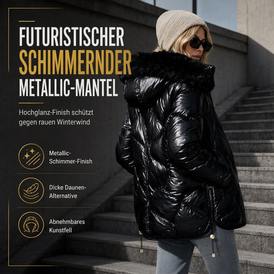 🔥Heute ein Muss! Nicht verpassen!🔥 Damen Glänzender Perlmutt Kapuzen Baumwollmantel mit Pelzkragen Slim Fit Wintermantel