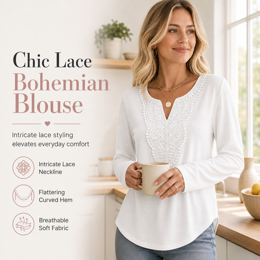 🎉Top Angebot! Jetzt kaufen!🎉 Bohemische Damen-Bluse aus Spitze mit V-Ausschnitt, langen Ärmeln und lockerer Passform