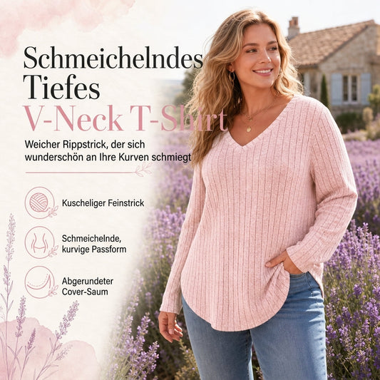 🔥Kundenfavorit!🔥 Damen Übergrößen V-Ausschnitt Langarm Geripptes Gebürstetes T-Shirt Locker Sitzendes Einfarbiges Pullover-Oberteil