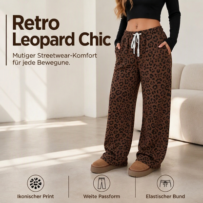 Weite Damenhose mit Leopardenprint und Kordelzug