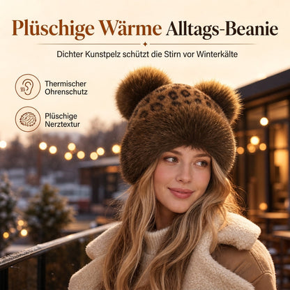 📢Letzter Tag!📢 Damen Vintage-Leopardenmütze mit Plüschbärenohren, mongolische Mütze, dicke warme Winter-Ohrenschutz-Beanie