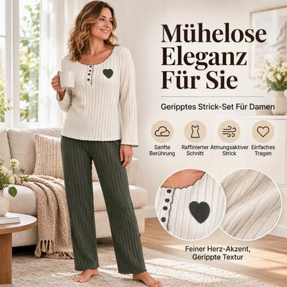 🌟Nr. 1 Bestseller + 50% Rabatt!🌟 Damen-Pyjama-Set mit Rippstrick und Herzstickerei