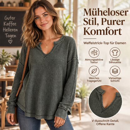 ⏰Beliebt und bald ausverkauft!⏰ Damen-Waffelstrick Langarmshirt mit V-Ausschnitt