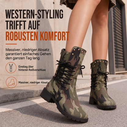 🔥Nicht verpassen!🔥 Damen Retro Western Cowboy Stiefel in Übergröße, getarnte genietete hohe Stiefel