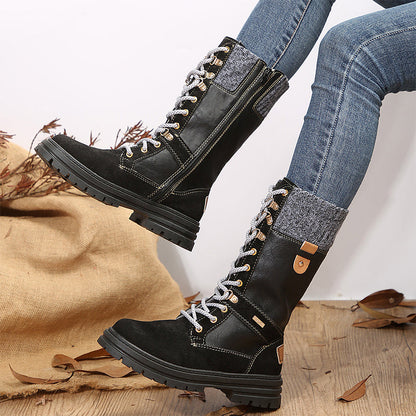 🔥2024 new hot sale 49% off🔥Fashion Knit Patchwork Round Toe Mid-calf Boots